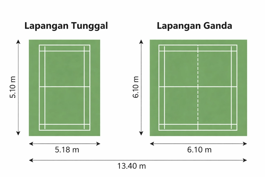 ilustrasi lapangan bulu tangkis tunggal dan ganda